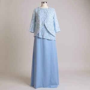 Benzde Mother of Bride Blue Shimmer Rhinestone Lace Overlay Jacket Chiffon Dress